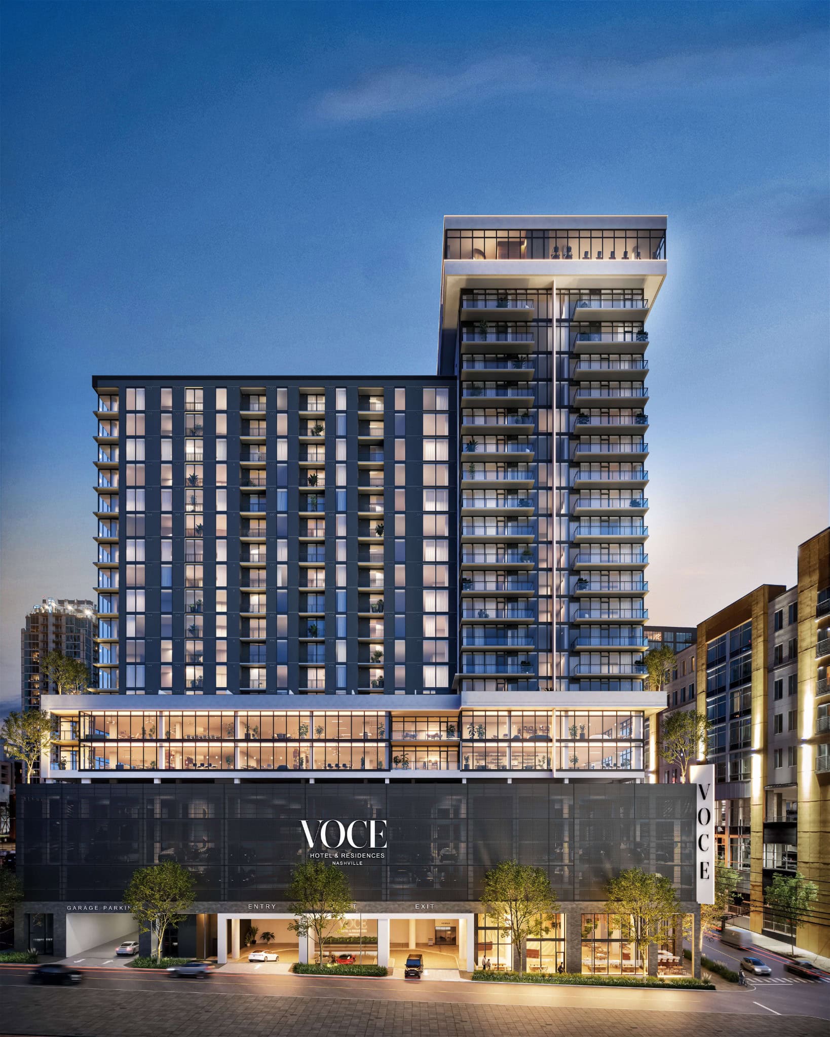 VOCE Hotel and Residences Nashville exterior at 1717 Hayes Street, 25-story Midtown condo hotel tower with 192 residences and 116 hotel suites by Vastland Company