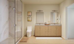Modernest WeHo condo bathroom interior with design-forward finishes, 129-unit Wedgewood-Houston Airbnb-eligible condo development by Studio APA