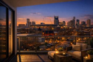 View of downtown Nashville skyline from The Jesse at 730 Main Street in East Nashville, showing short term rental proximity to Lower Broadway entertainment district