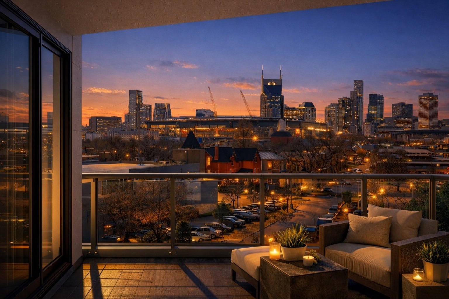 View of downtown Nashville skyline from The Jesse at 730 Main Street in East Nashville, showing short term rental proximity to Lower Broadway entertainment district