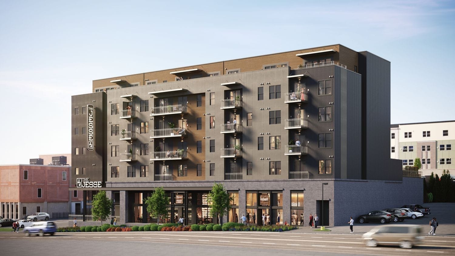 The Jesse East Nashville Airbnb building exterior rendering at 730 Main Street, 58-unit STR-approved condo development by Richland Building Partners and Smith Gee Studio