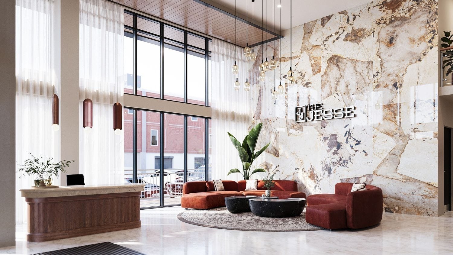 Lobby of The Jesse East Nashville Airbnb building at 730 Main Street, contemporary design by Smith Gee Studio with metal panels and design-forward finishes