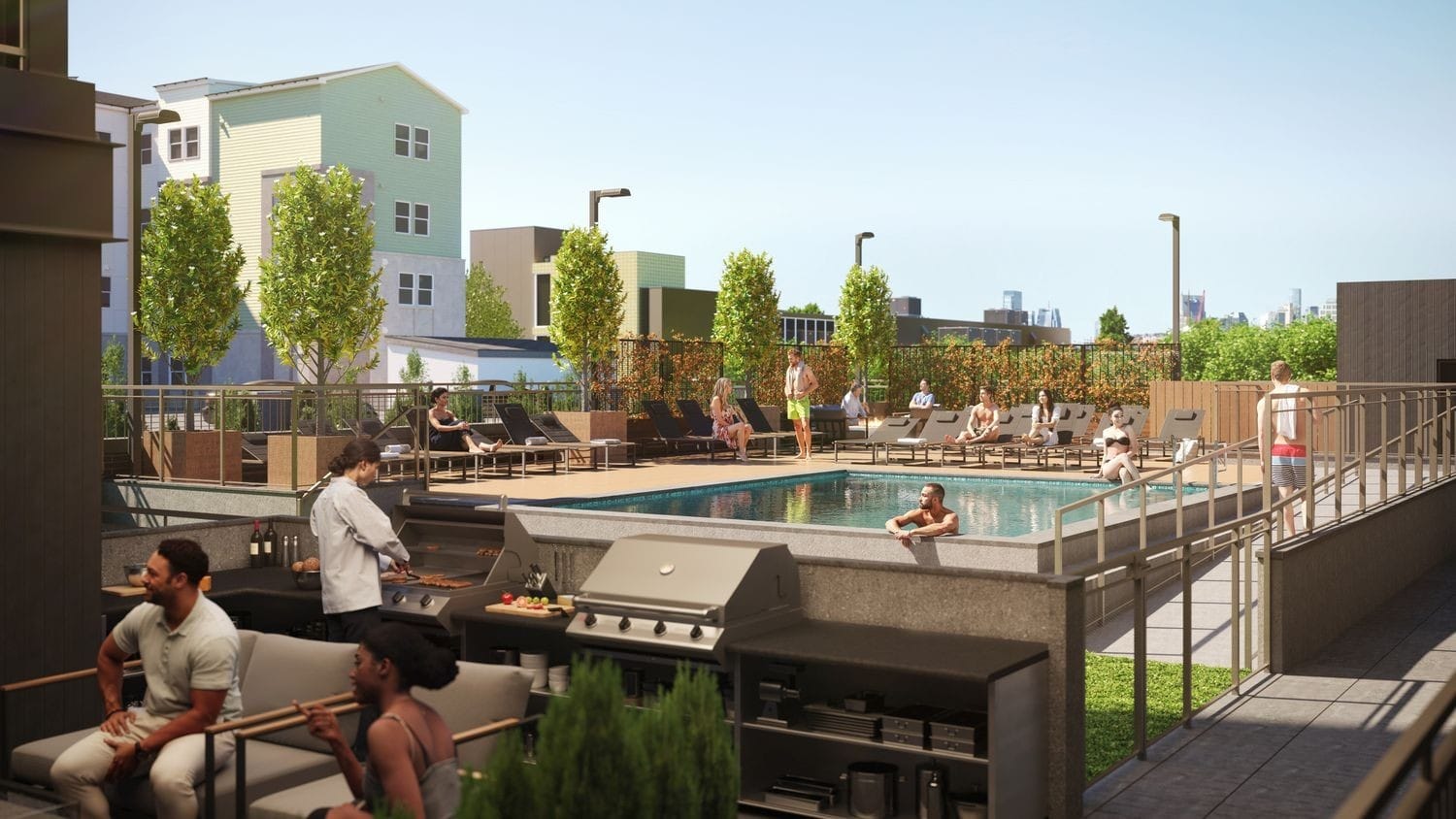 Third-floor pool deck at The Jesse East Nashville Airbnb condo building, designed for short term rental guest experience and premium nightly rate performance