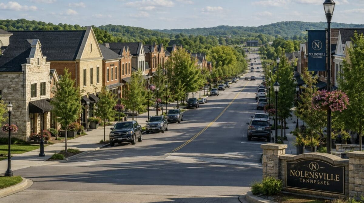 Nolensville, Tennessee town center along Nolensville Road, a tree-lined main street of brick and stone shopfronts with a Nolensville Tennessee monument sign
