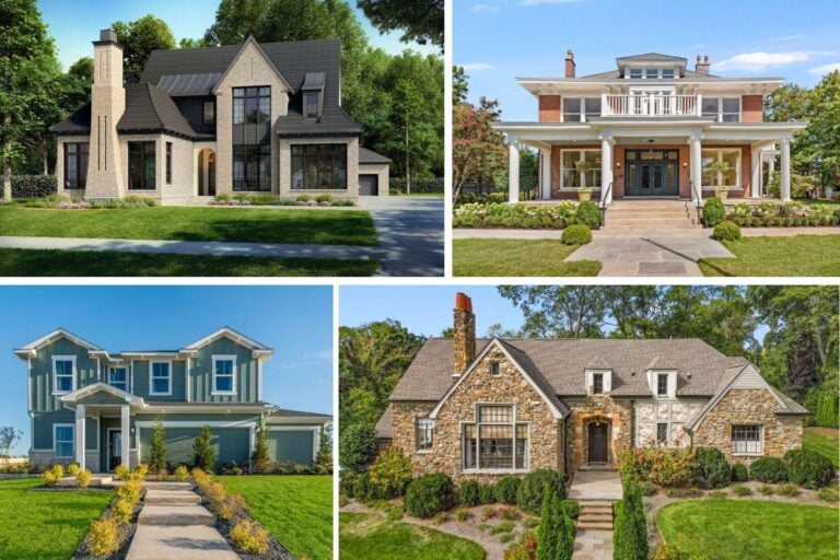 Collage of four Nashville-area homes spanning new construction and classic architecture as the June 2026 median sale price hit a record $495,000