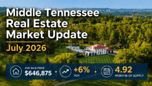 Middle Tennessee real estate market update for July 2026: aerial view of the Nashville-area hills and a luxury estate, with the average sale price at $646,875, up 6% year over year, and 4.92 months of supply