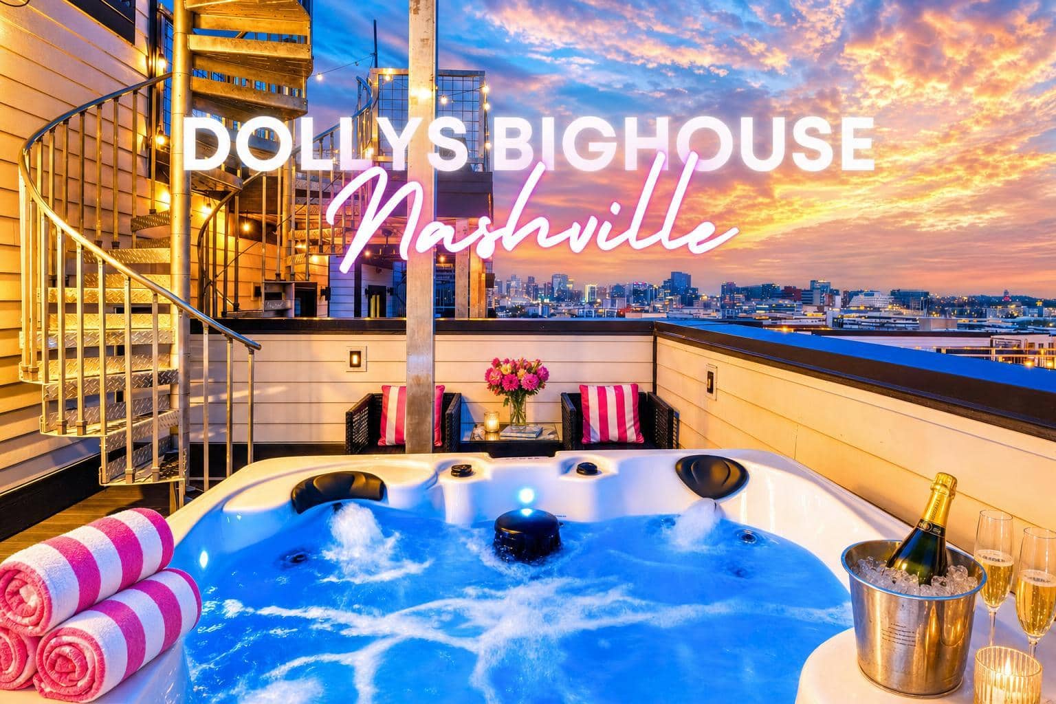 Rooftop terrace of a Nashville short-term rental featuring a hot tub, spiral staircase, and a downtown skyline view at sunset