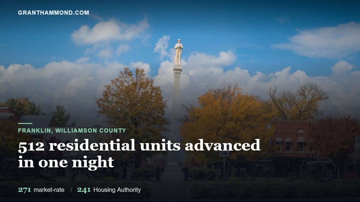 Downtown Franklin Tennessee public square with the figures for 512 residential units advanced by the Board of Mayor and Aldermen, roughly 271 market-rate and 241 Housing Authority