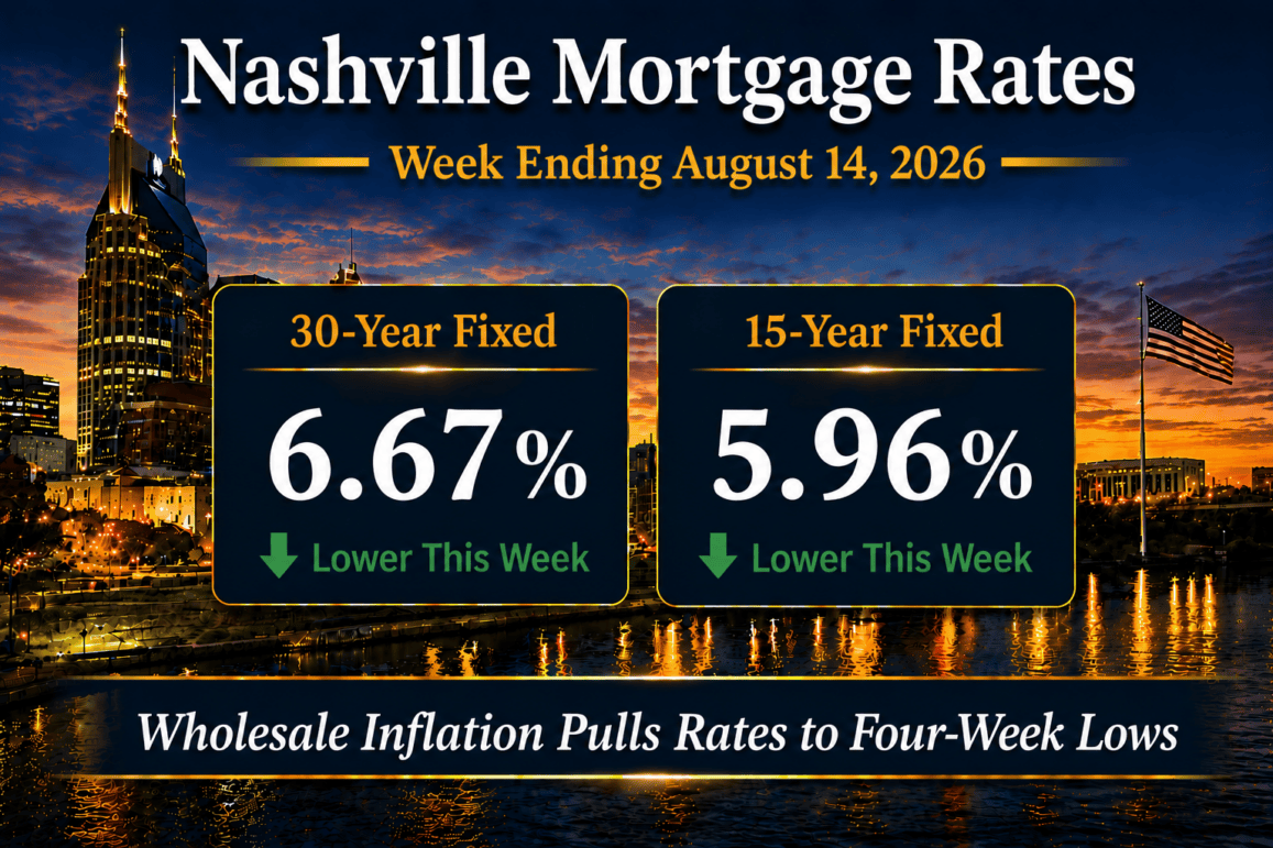 Nashville mortgage rates August 14, 2026 showing 6.67% 30-year fixed and 5.96% 15-year fixed