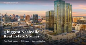Golden hour aerial view of the downtown Nashville skyline with a glass high-rise catching warm evening light, titled 3 biggest Nashville Real Estate Stories for August 23, 2026.