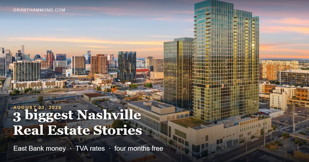 Golden hour aerial view of the downtown Nashville skyline with a glass high-rise catching warm evening light, titled 3 biggest Nashville Real Estate Stories for August 23, 2026.