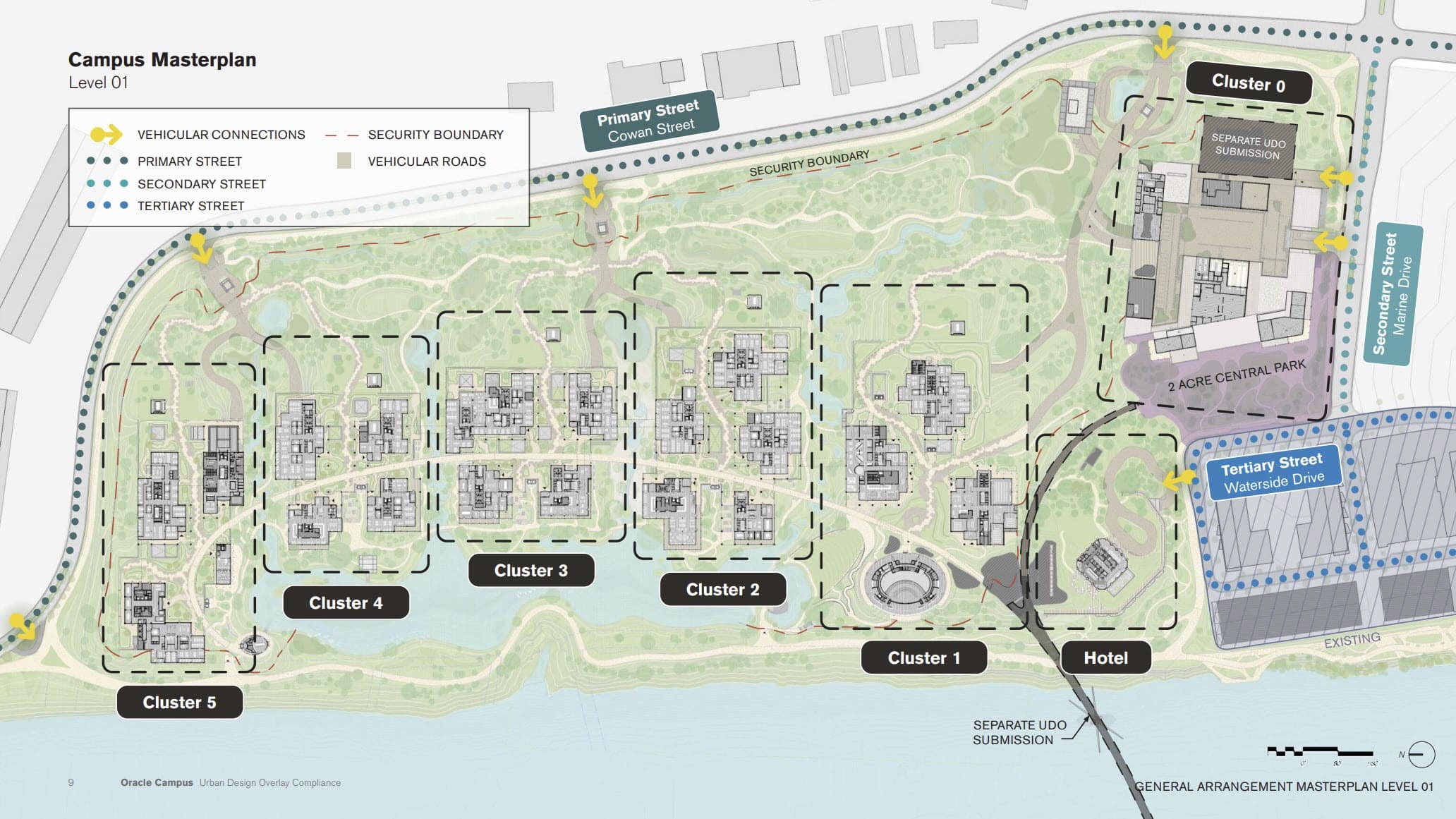 Oracle East Bank campus masterplan drawing showing labeled building clusters, a hotel parcel, a two-acre central park and a marked security boundary around the 82-acre site at 800 Cowan Street in Nashville