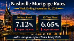 Nashville mortgage rate card, week ending September 11, 2026: 30-year fixed 7.12 percent, 15-year fixed 6.65 percent, both higher